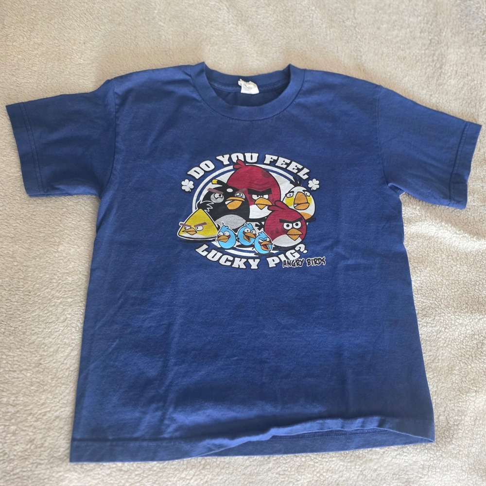 Angry Birds Kids Blue Graphic T-Shirt Size M Lucky Pig Gamer Tee